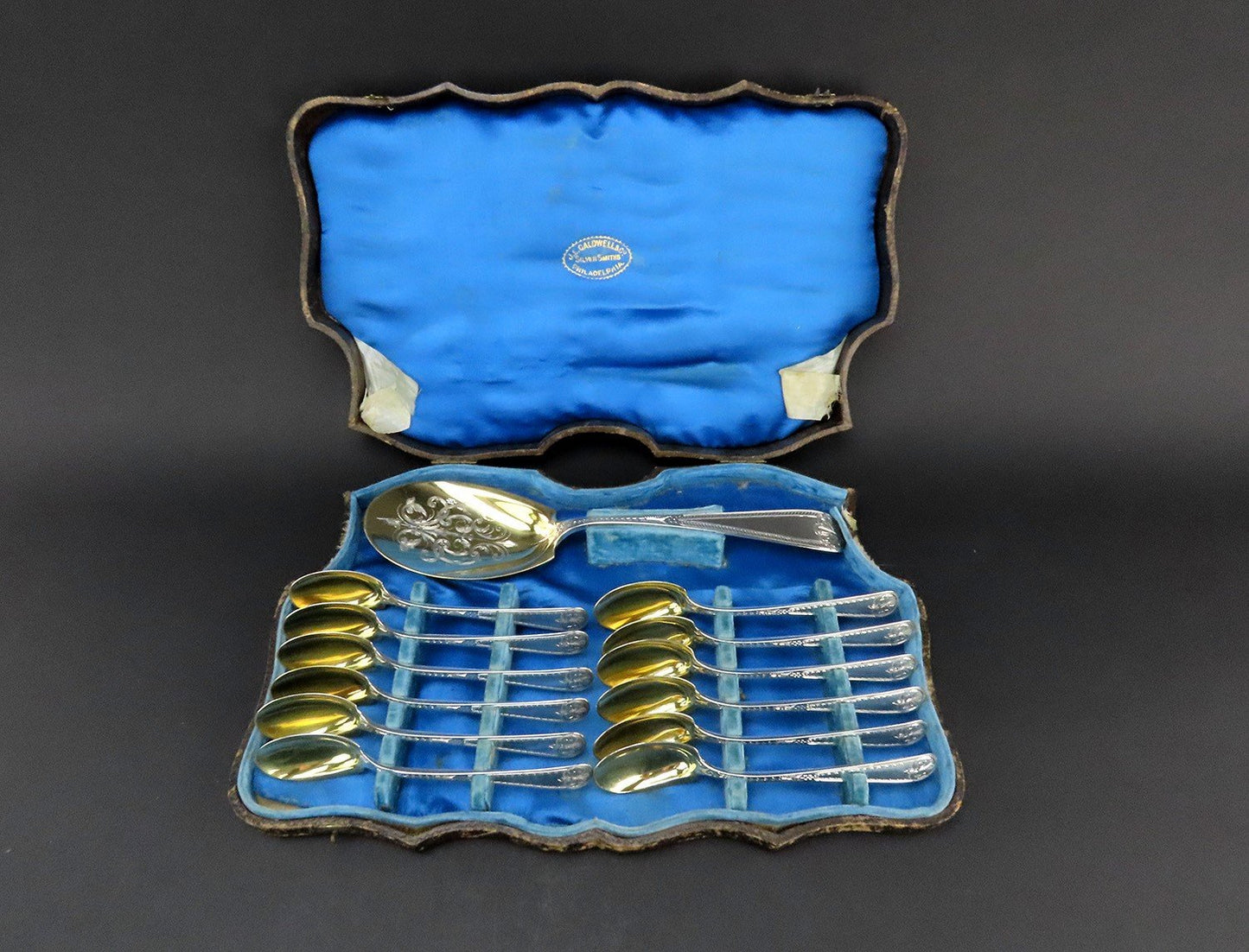 c1860s J.E. Caldwell Sterling Silver Bright Cut 13pc Dessert Set Spoons w Server