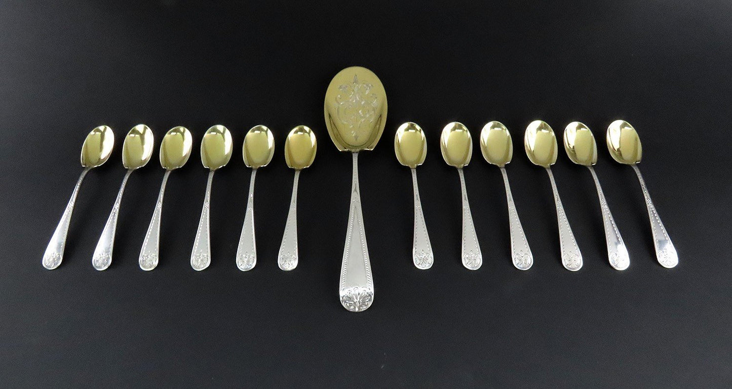 c1860s J.E. Caldwell Sterling Silver Bright Cut 13pc Dessert Set Spoons w Server