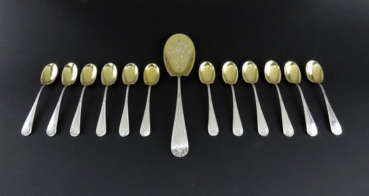 c1860s J.E. Caldwell Sterling Silver Bright Cut 13pc Dessert Set Spoons w Server