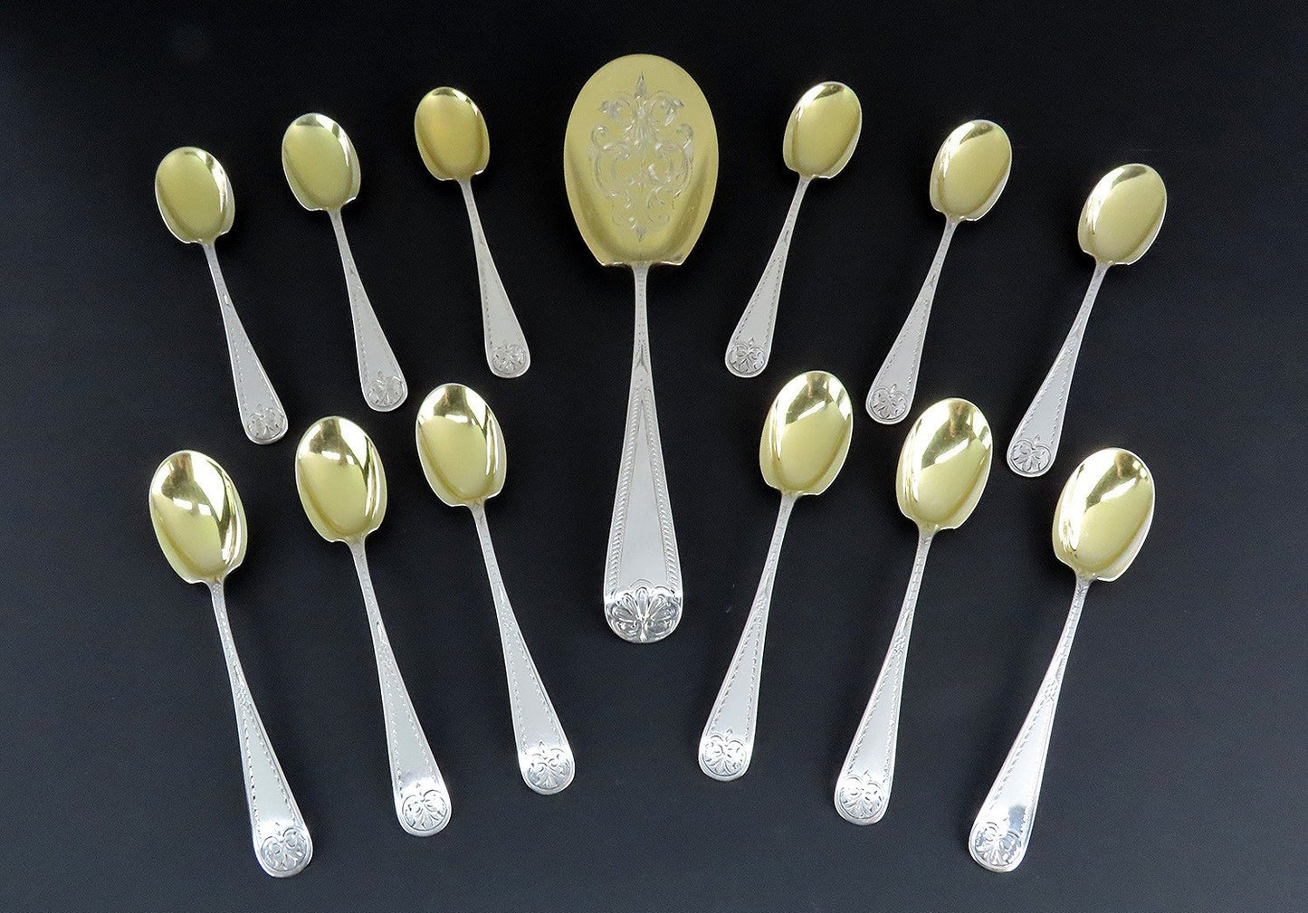 c1860s J.E. Caldwell Sterling Silver Bright Cut 13pc Dessert Set Spoons w Server
