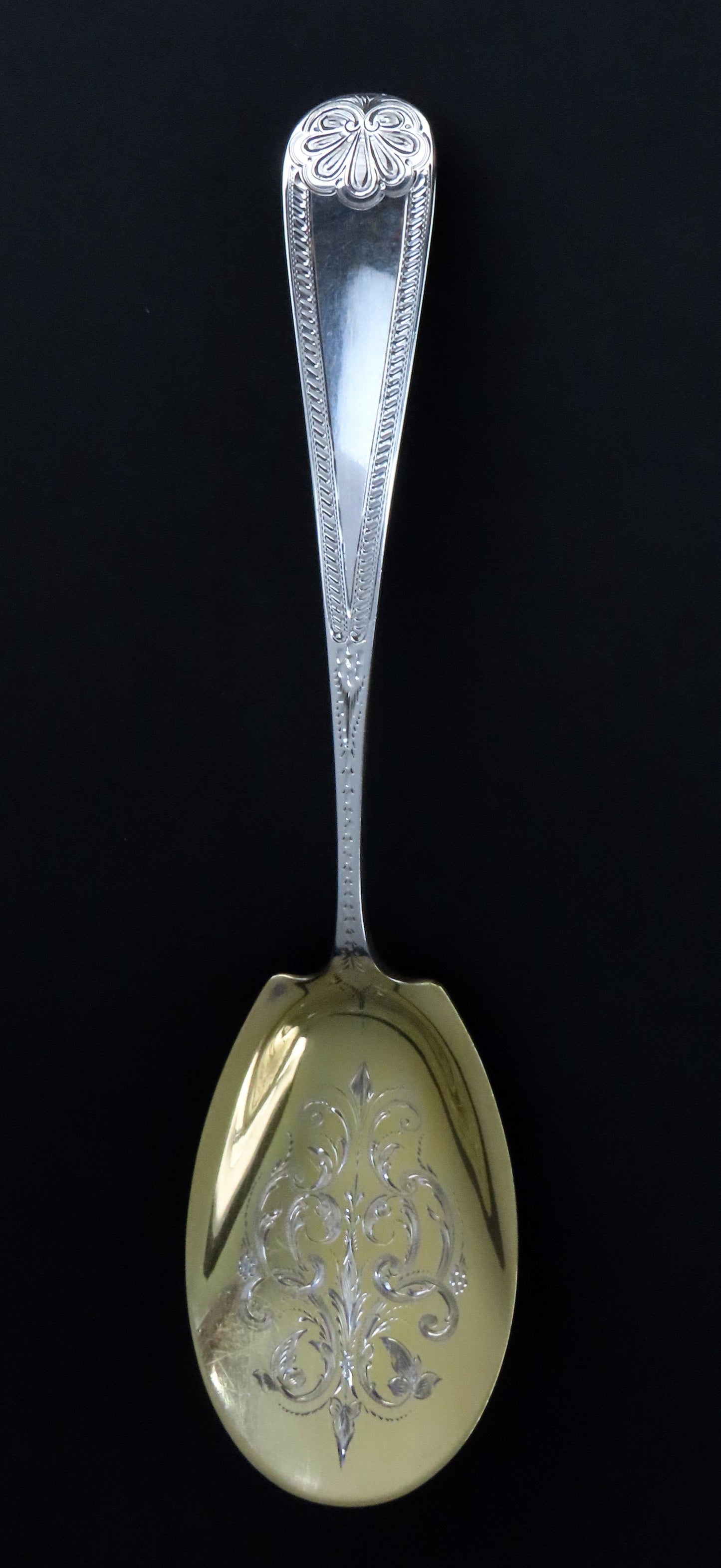 c1860s J.E. Caldwell Sterling Silver Bright Cut 13pc Dessert Set Spoons w Server