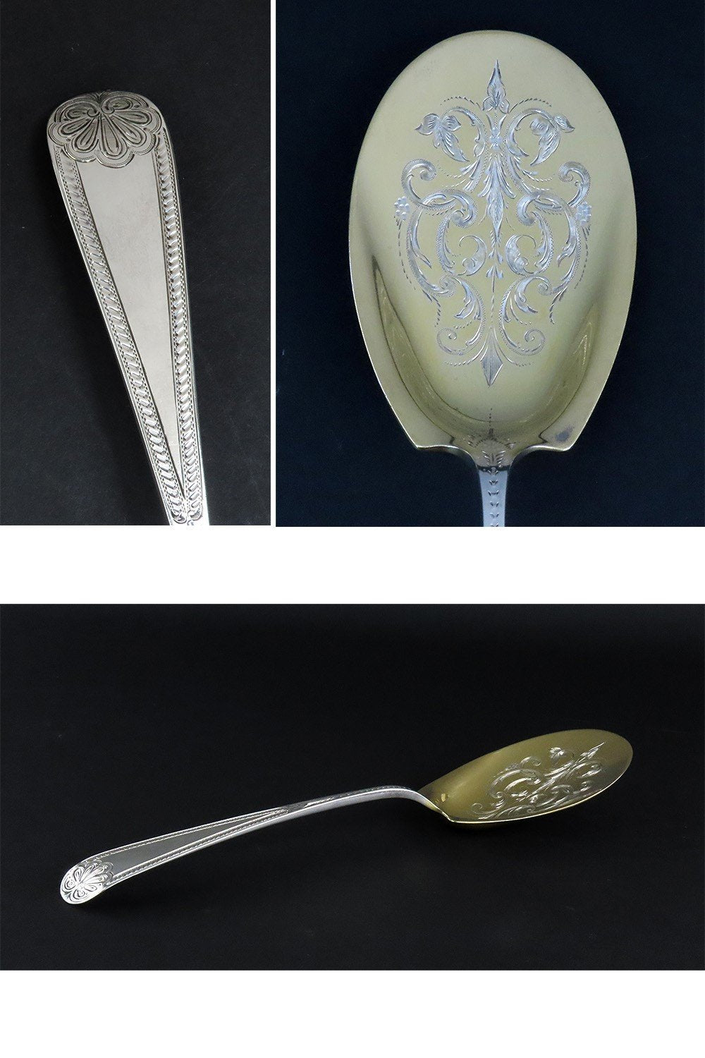 c1860s J.E. Caldwell Sterling Silver Bright Cut 13pc Dessert Set Spoons w Server