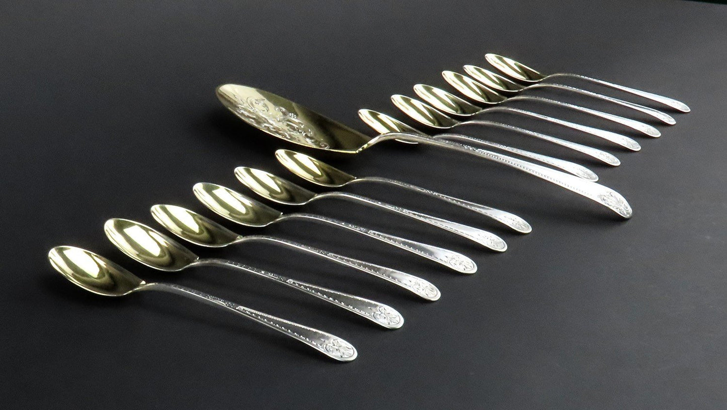 c1860s J.E. Caldwell Sterling Silver Bright Cut 13pc Dessert Set Spoons w Server
