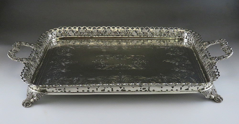 Vintage Hand Engraved Brazilian Silver Portuguese-Style Footed Gallery Tray