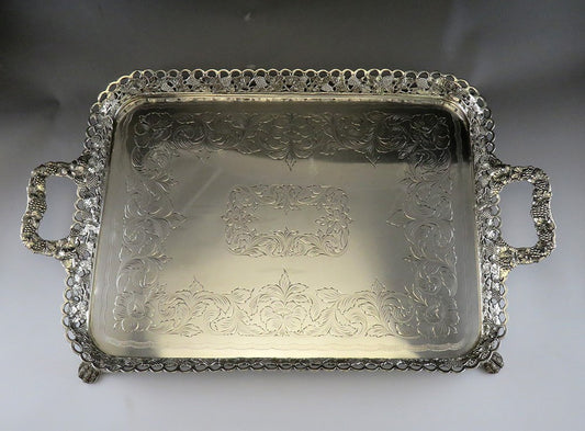 Vintage Hand Engraved Brazilian Silver Portuguese-Style Footed Gallery Tray