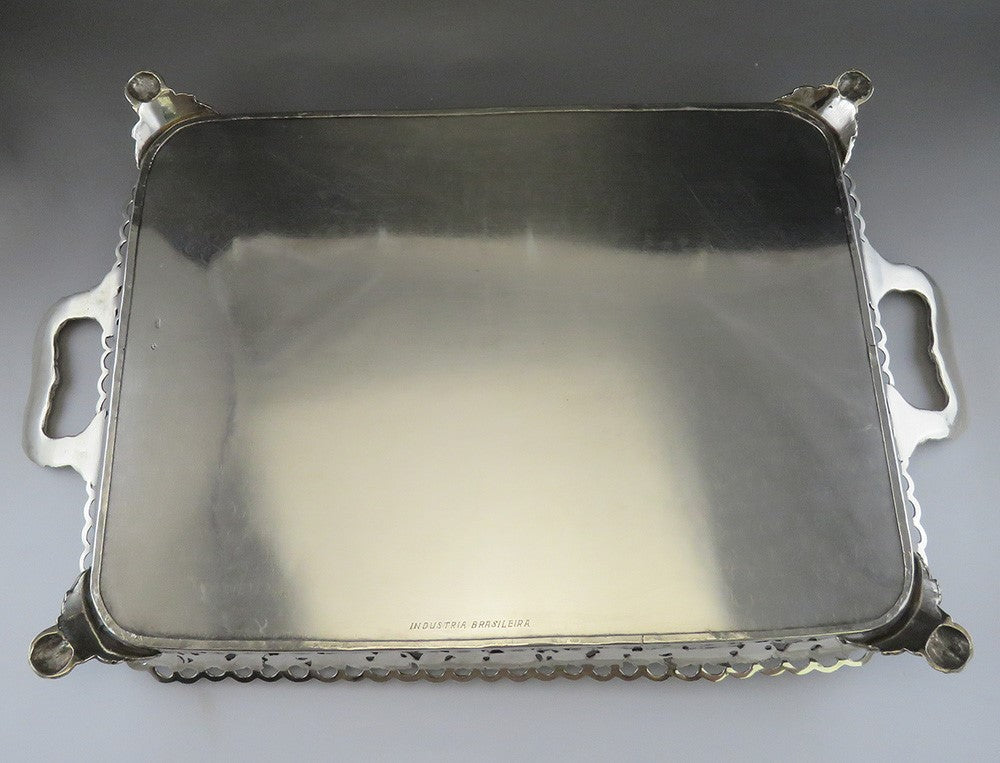 Vintage Hand Engraved Brazilian Silver Portuguese-Style Footed Gallery Tray