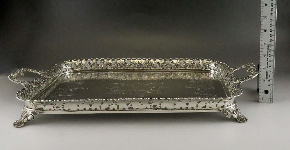 Vintage Hand Engraved Brazilian Silver Portuguese-Style Footed Gallery Tray