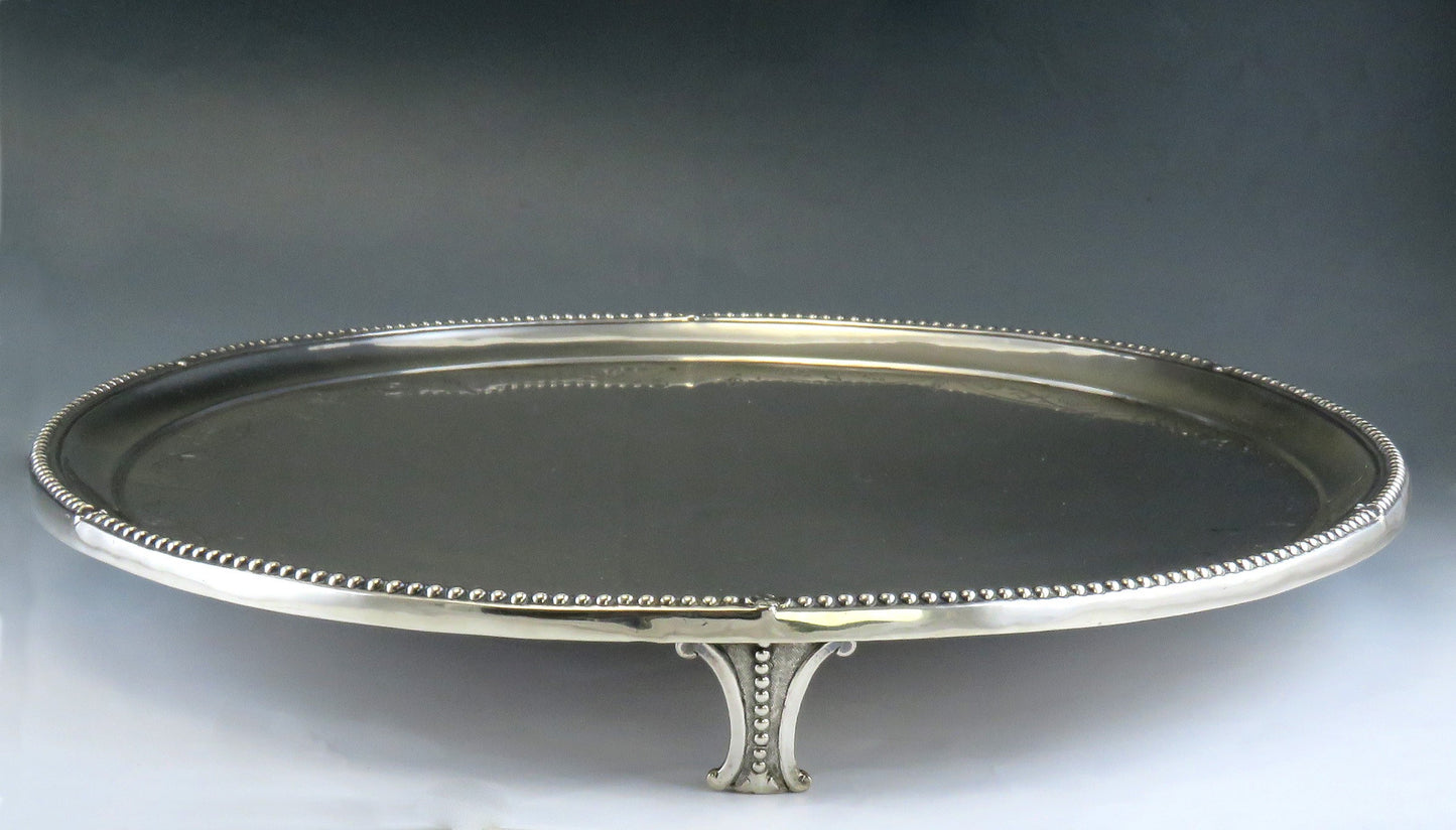Fine Antique Portuguese or Italian Hand Engraved Silver Salver Footed Tray