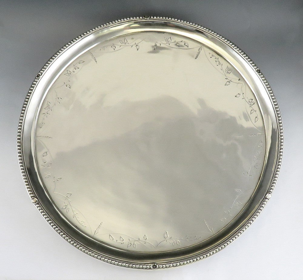 Fine Antique Portuguese or Italian Hand Engraved Silver Salver Footed Tray