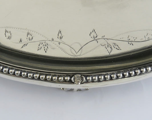 Fine Antique Portuguese or Italian Hand Engraved Silver Salver Footed Tray