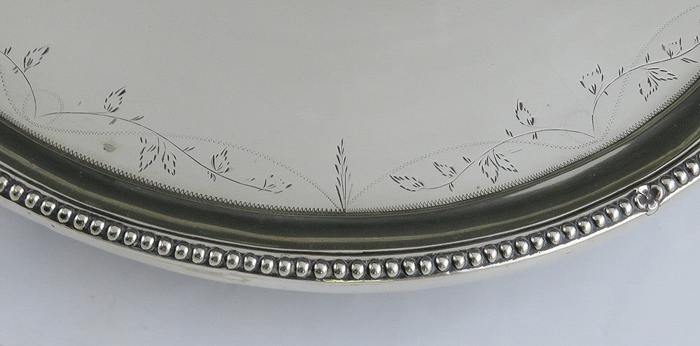 Fine Antique Portuguese or Italian Hand Engraved Silver Salver Footed Tray