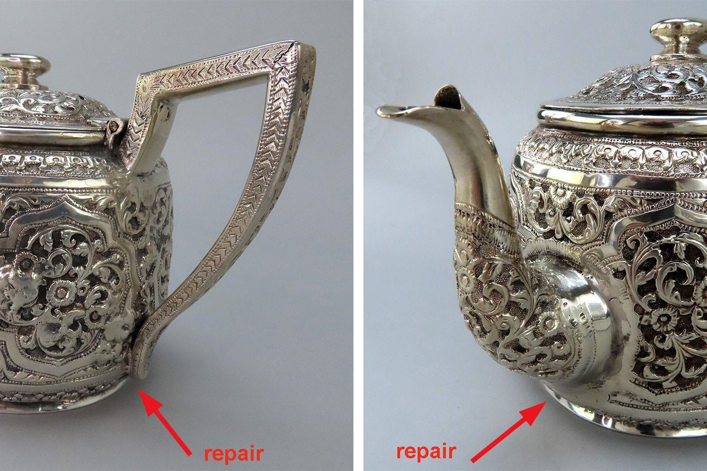 Ornate c1900 Southeast Asian Hand Chased Scrollwork Teapot No Mono 4 3/4" Tall