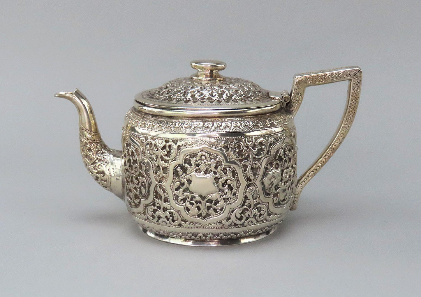 Ornate c1900 Southeast Asian Hand Chased Scrollwork Teapot No Mono 4 3/4" Tall