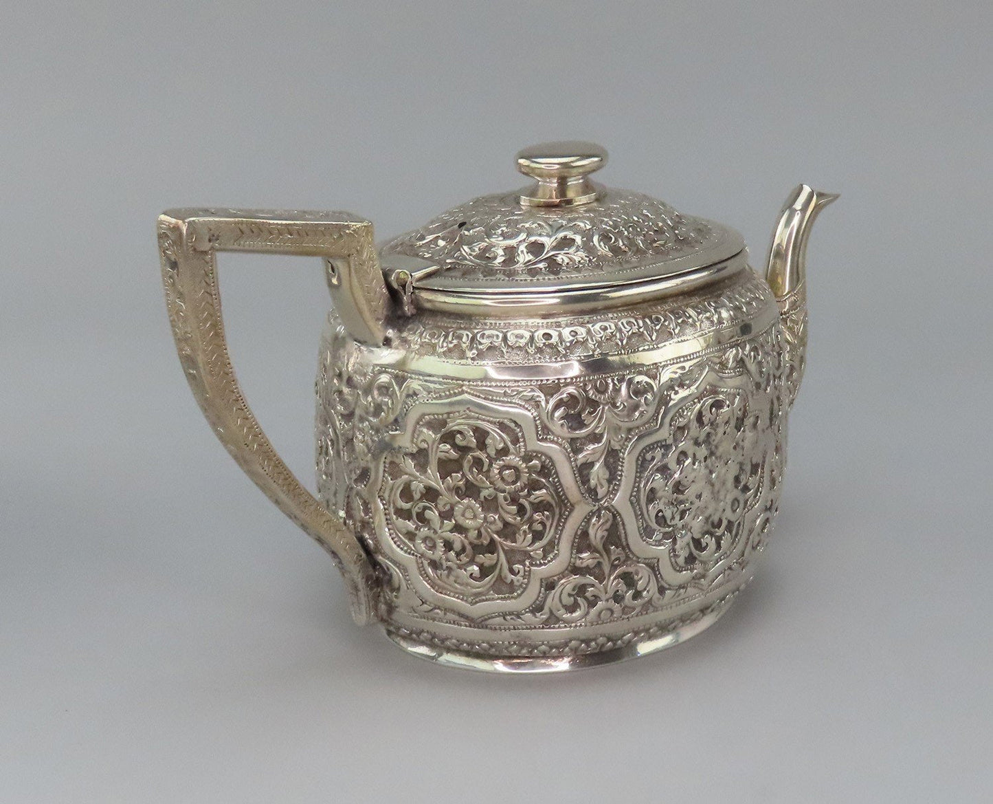 Ornate c1900 Southeast Asian Hand Chased Scrollwork Teapot No Mono 4 3/4" Tall