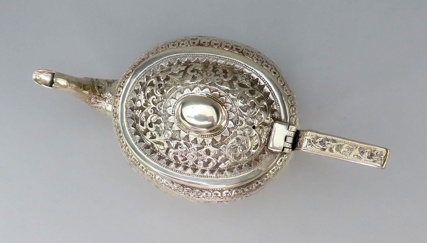 Ornate c1900 Southeast Asian Hand Chased Scrollwork Teapot No Mono 4 3/4" Tall