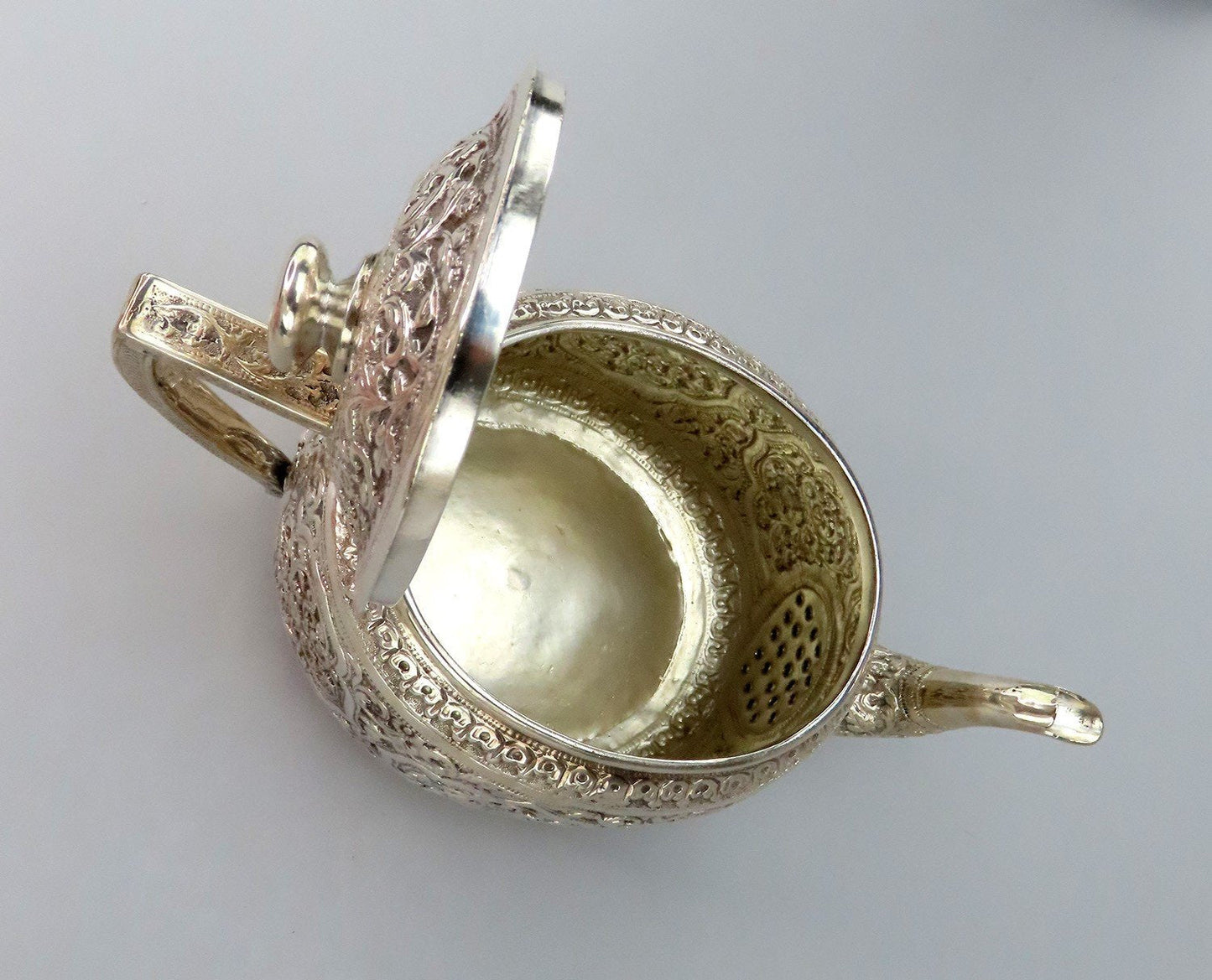 Ornate c1900 Southeast Asian Hand Chased Scrollwork Teapot No Mono 4 3/4" Tall