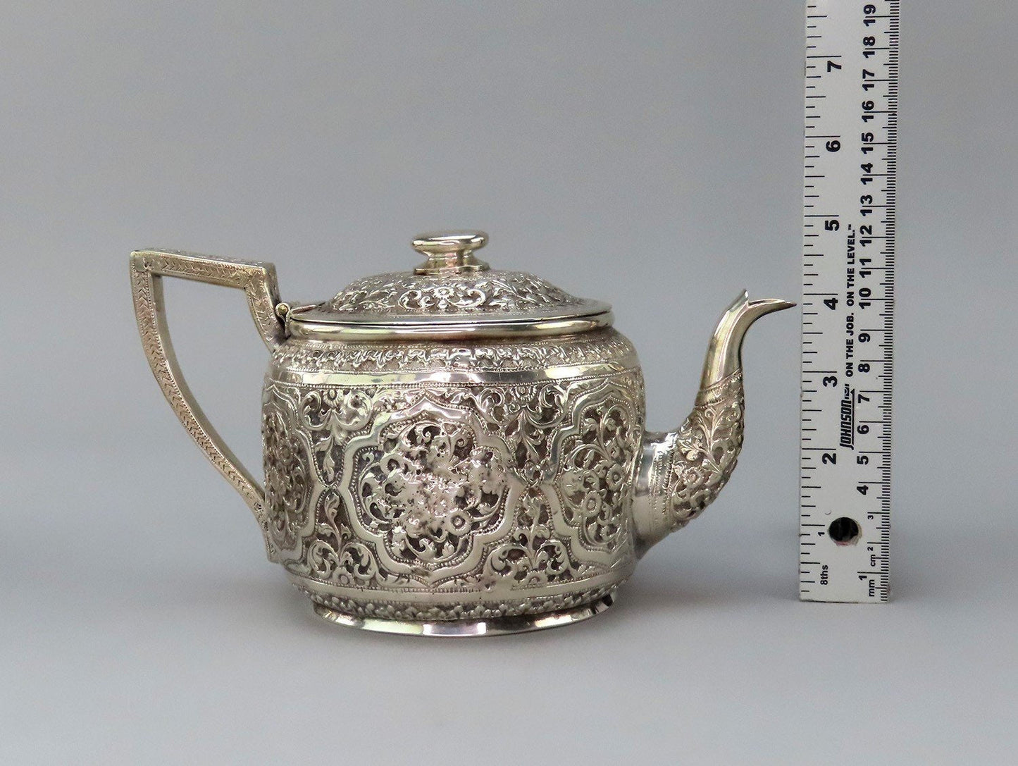 Ornate c1900 Southeast Asian Hand Chased Scrollwork Teapot No Mono 4 3/4" Tall