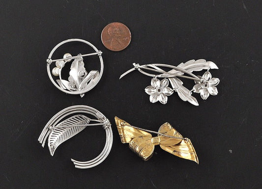 4 Sterling Silver Pins/Brooch Genuine Pearls Danecraft Forstner Floral Designs