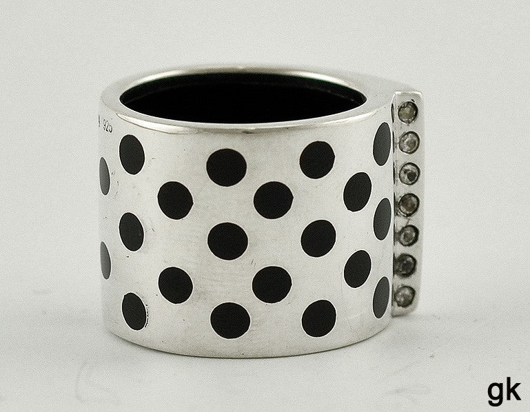 Great Sterling Silver and Black Enameled Dot Ring w/ Rhinestones Size 6.5