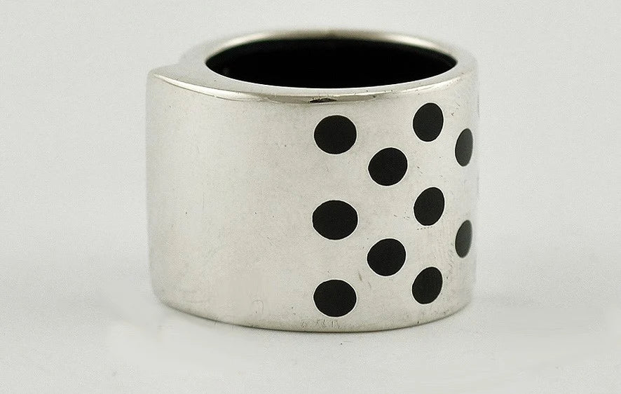 Great Sterling Silver and Black Enameled Dot Ring w/ Rhinestones Size 6.5