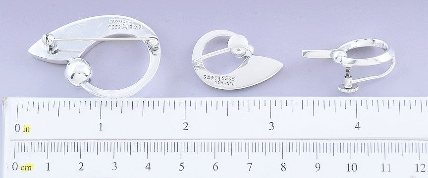 Stylish Hans Hansen Sterling Silver Modernist Earring & Pin Brooch Set