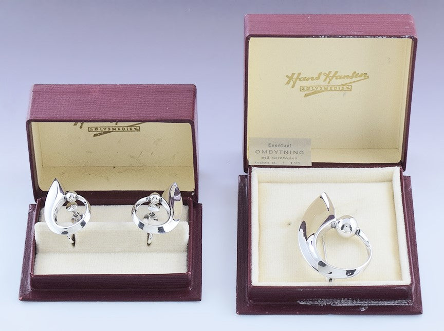 Stylish Hans Hansen Sterling Silver Modernist Earring & Pin Brooch Set