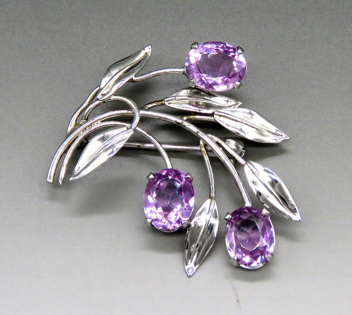 VTG Sterling Silver Purple Amethyst Flowers Leaf Branch Earrings Brooch Pin Set