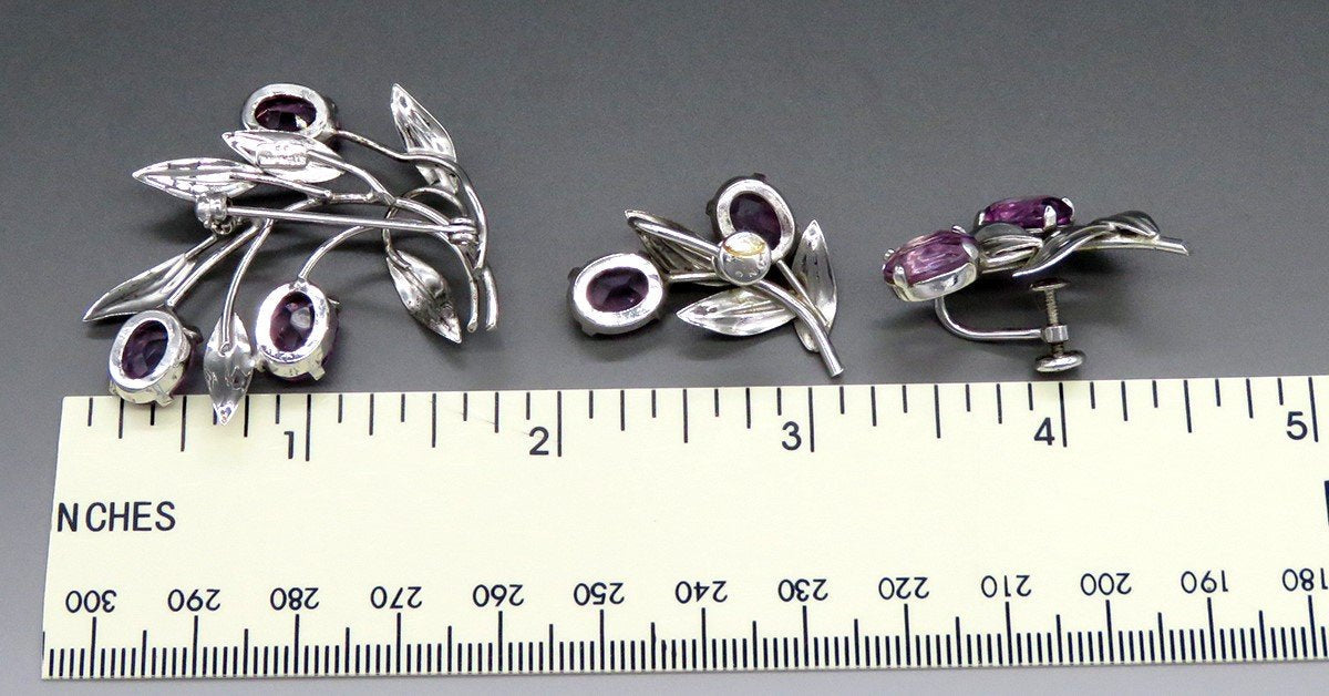 VTG Sterling Silver Purple Amethyst Flowers Leaf Branch Earrings Brooch Pin Set