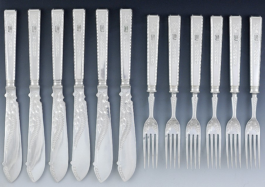 Mid/Late 1800s English Silverplate Elkington 12pc Fish Set Great Hand Engraving