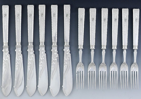 Mid/Late 1800s English Silverplate Elkington 12pc Fish Set Great Hand Engraving