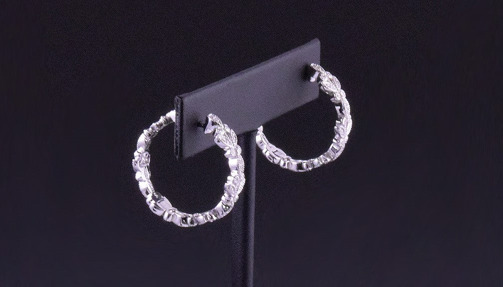 Great Pair of Sterling Silver and Diamond Decorated Hoop Pierced Earrings, China