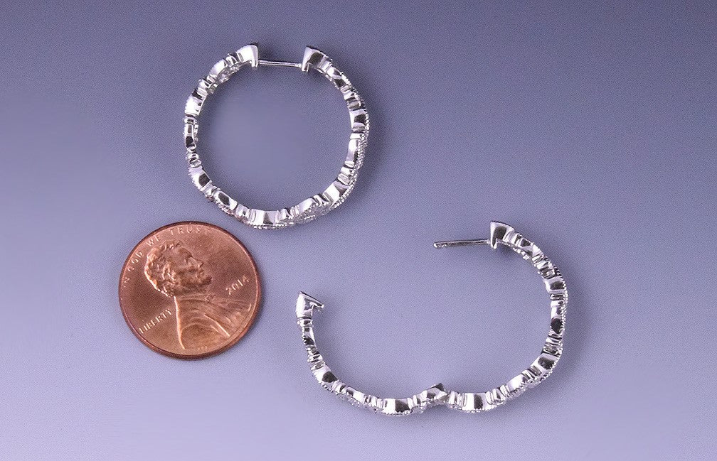Great Pair of Sterling Silver and Diamond Decorated Hoop Pierced Earrings, China