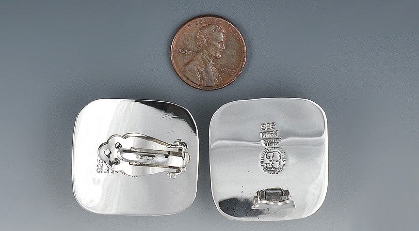 Stunning Pristine Square Highly Polished Mexican Sterling Silver Earrings, Clips