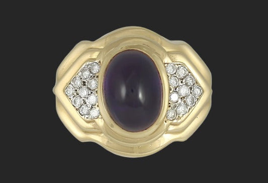 Stunning 14k Gold Large Size Cabochon Amethyst & Diamond Ring Size 9