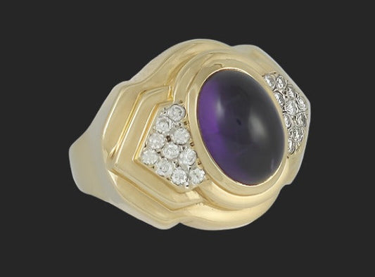 Stunning 14k Gold Large Size Cabochon Amethyst & Diamond Ring Size 9