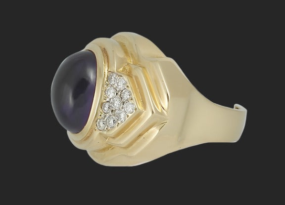 Stunning 14k Gold Large Size Cabochon Amethyst & Diamond Ring Size 9