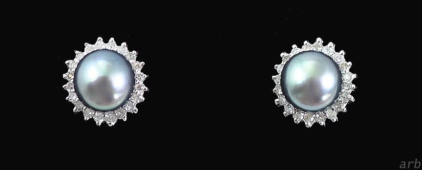 Awesome Pierced Earrings w/ 14k White Gold, 40 Tiny Diamonds, and Black Pearls