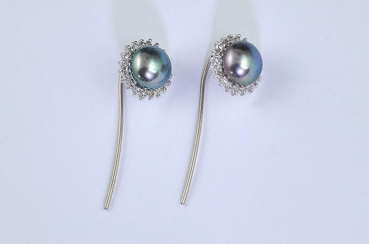 Awesome Pierced Earrings w/ 14k White Gold, 40 Tiny Diamonds, and Black Pearls