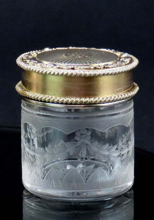 1927 English Sterling Silver Gilt Cut Frosted Glass Small Dresser Vanity Jar 2/3