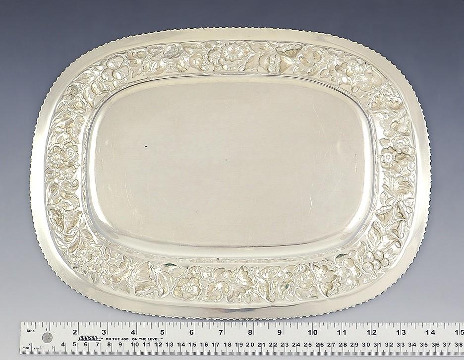 Antique 1882 Art Nouveau American Sterling Silver Repousse Tray 10.5" X 14"