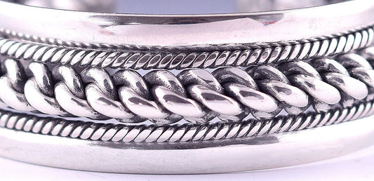 Vintage High Purity Silver Soldered Cuff Bracelet w/ Ropes and Bands 6"