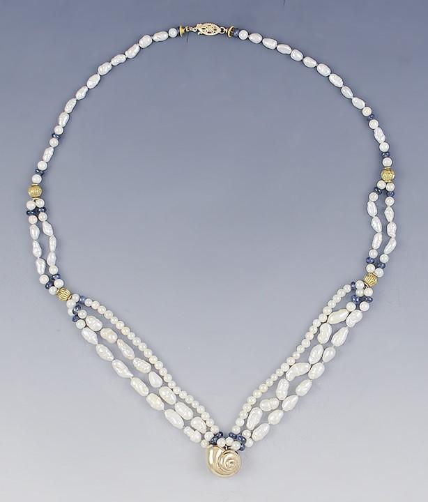 Lovely Pearl Sapphire & 14K Gold Multi Strand Seashell Necklace