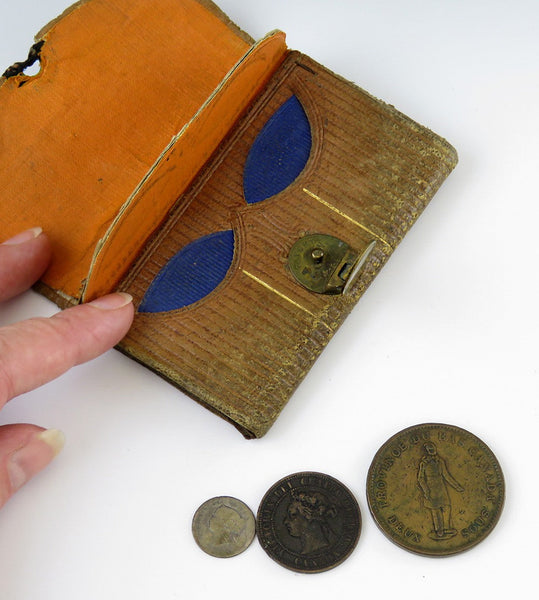 Leather Wallet w 3 Canada Coins Penny Bank Token 1837 One Cent 1876 5 Cent 1872
