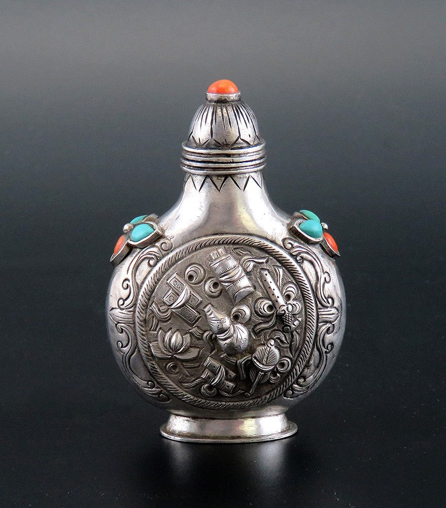 c1850 Antq Hand Chased Chinese Silver Snuff Bottle w/ Turquoise and Coral Inlay