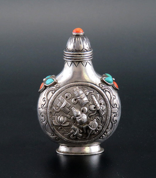 c1850 Antq Hand Chased Chinese Silver Snuff Bottle w/ Turquoise and Coral Inlay