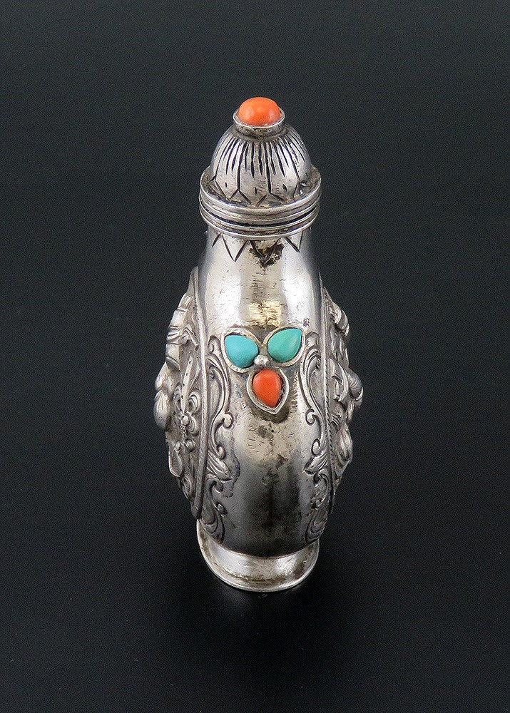 c1850 Antq Hand Chased Chinese Silver Snuff Bottle w/ Turquoise and Coral Inlay