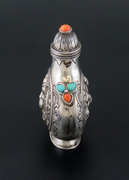 c1850 Antq Hand Chased Chinese Silver Snuff Bottle w/ Turquoise and Coral Inlay