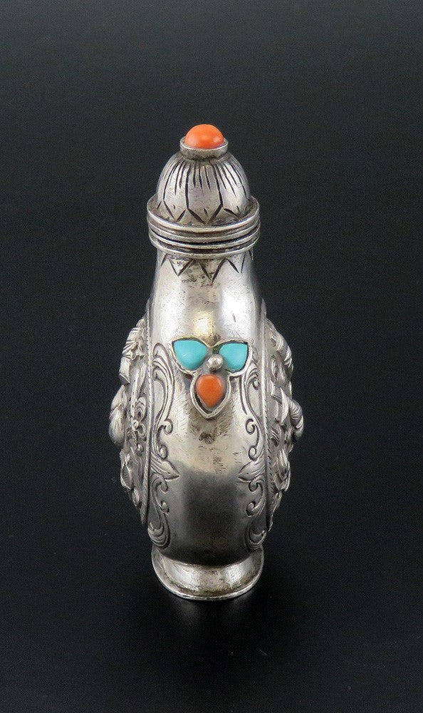 c1850 Antq Hand Chased Chinese Silver Snuff Bottle w/ Turquoise and Coral Inlay