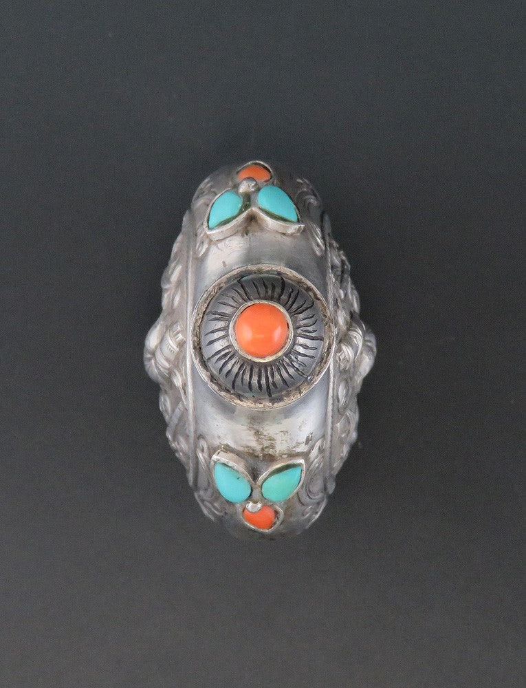 c1850 Antq Hand Chased Chinese Silver Snuff Bottle w/ Turquoise and Coral Inlay