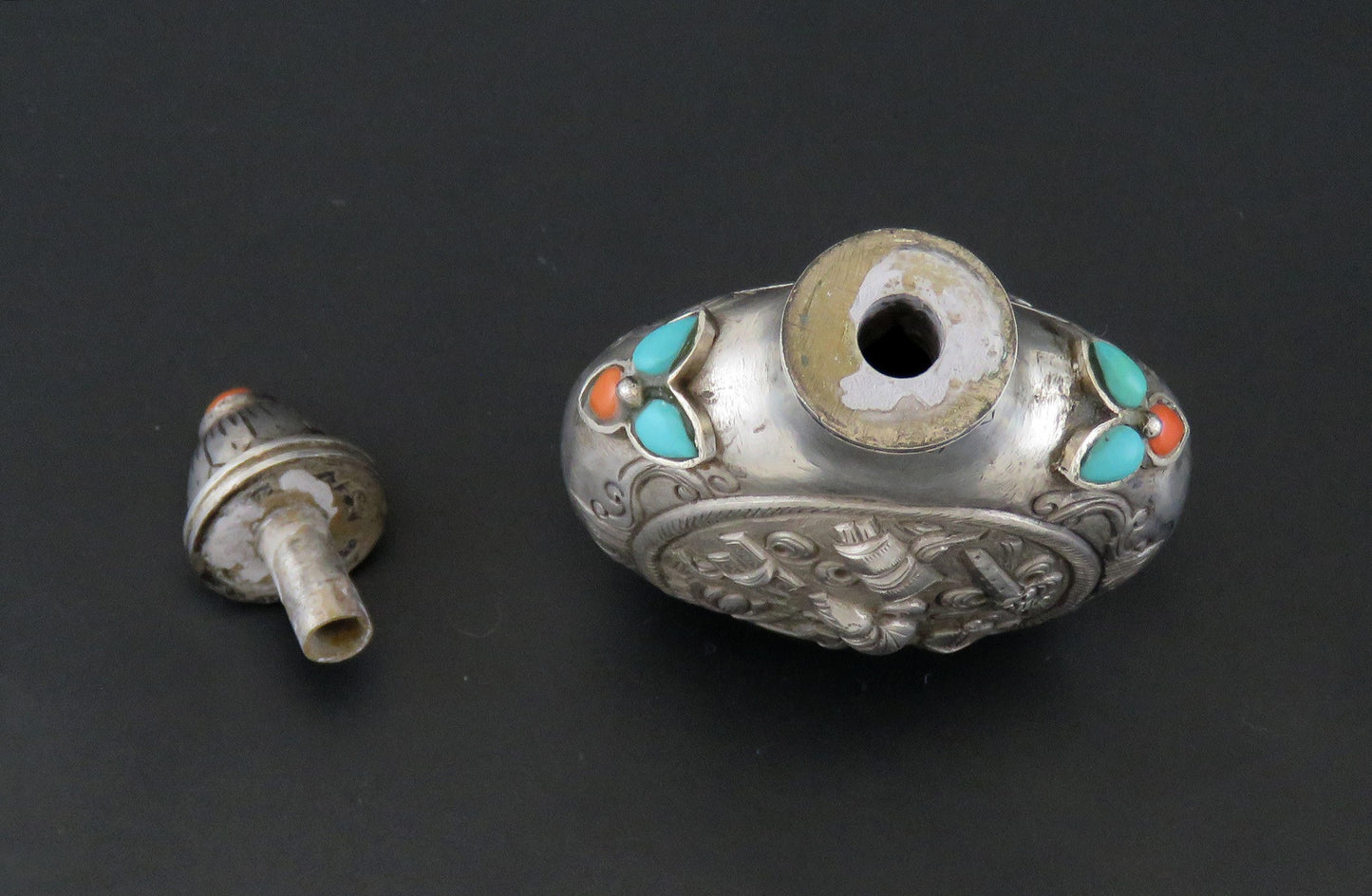 c1850 Antq Hand Chased Chinese Silver Snuff Bottle w/ Turquoise and Coral Inlay